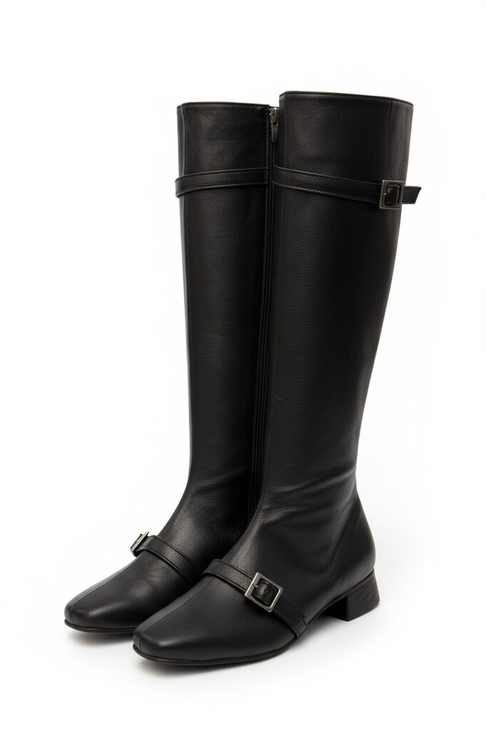 Buckled Strap Long Boots Black